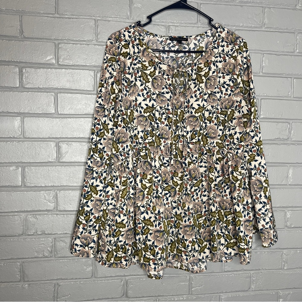 Floral Print Long-Sleeve Peasant Top - Cream/Olive - Picture 7 of 15